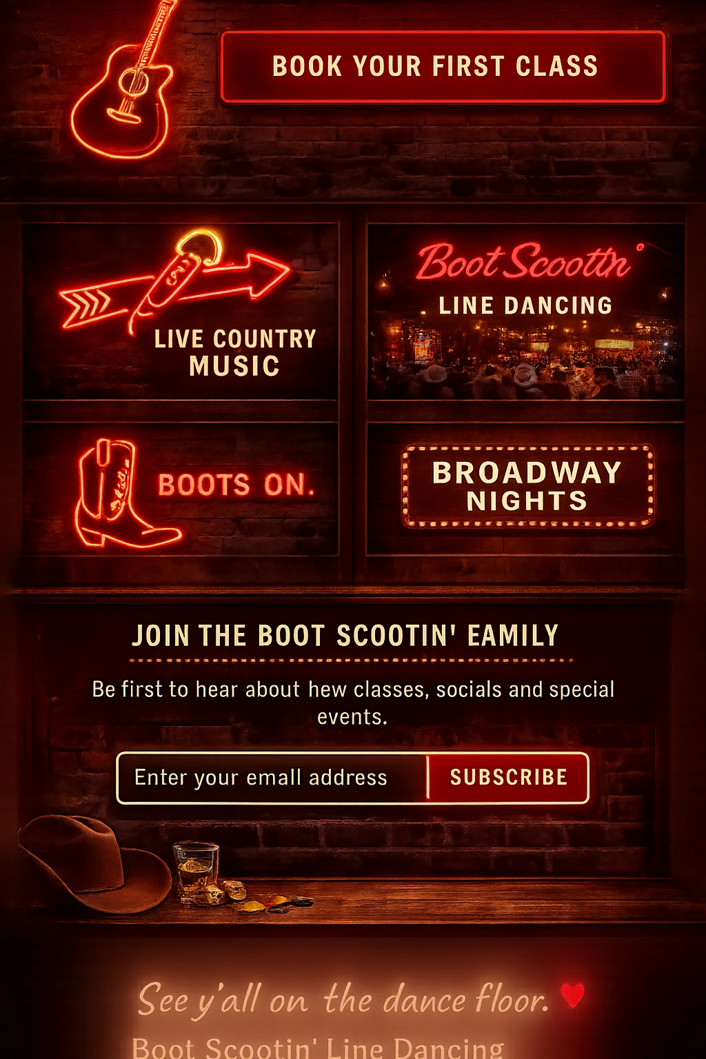 A realistic Nashville honky-tonk wall with glowing guitar, Boot Scootin’ Line Dancing, Boots On and Broadway Nights neon signs